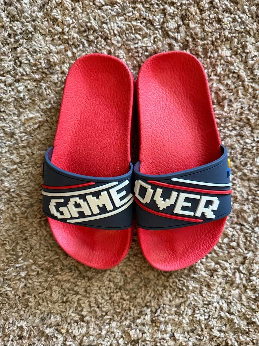 Red Slide Sandals with Navy Strap and Graphic